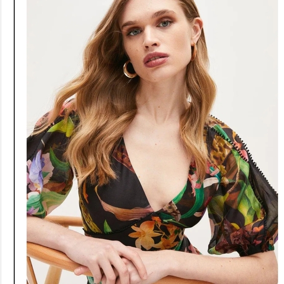 Karen Millen Dark Tropical Cotton Voile Puff Shoulder Mini - Picture 3 of 11